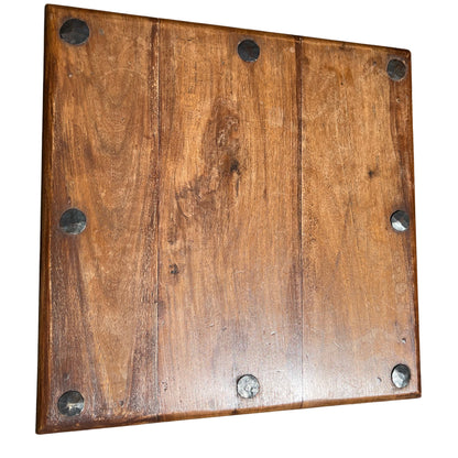 Square plank oak tabletop with aged finish and turned legs underneath