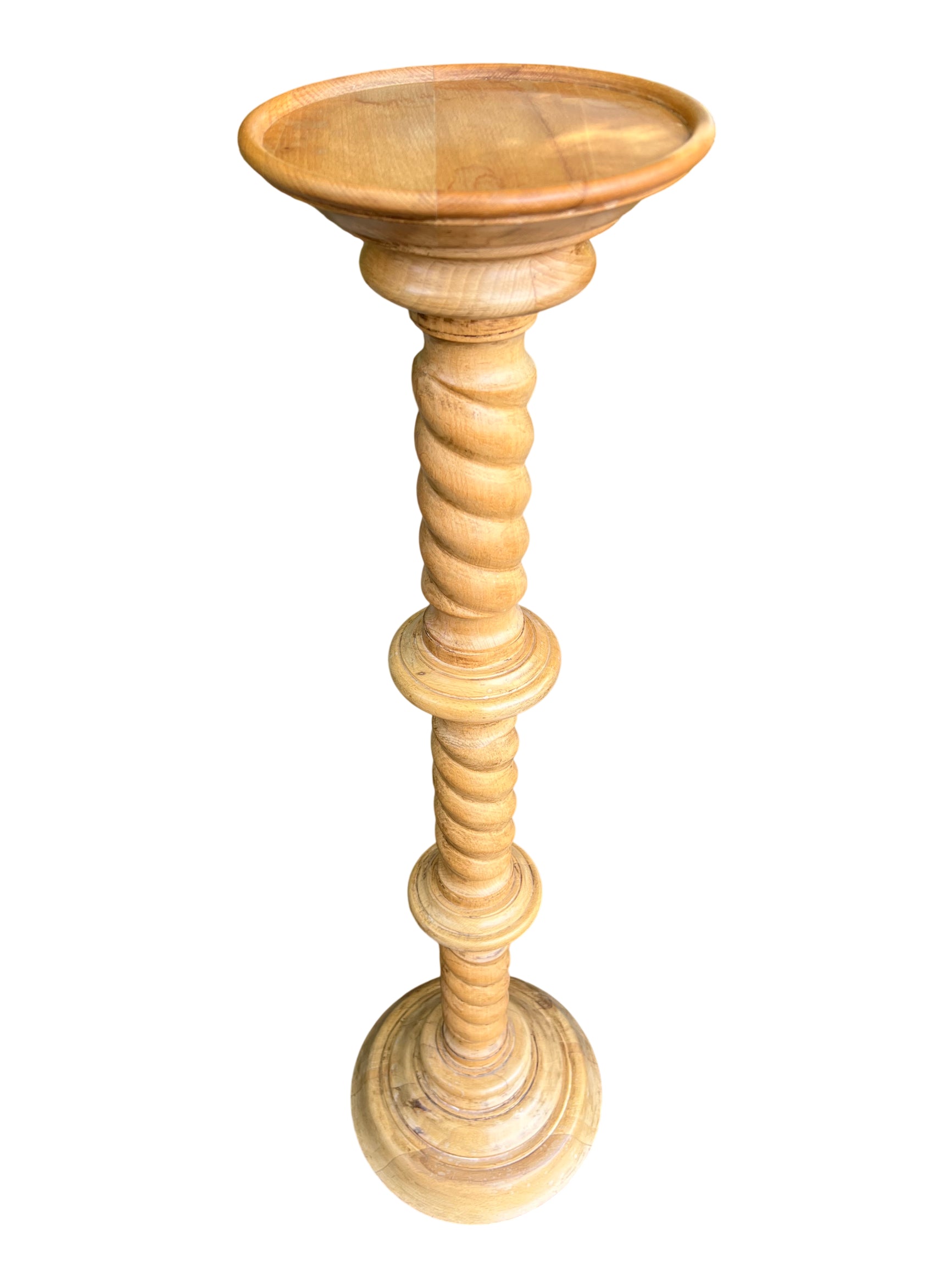 Tall turned beech plant stand pedestal with circular top and spiral turned column in light finish