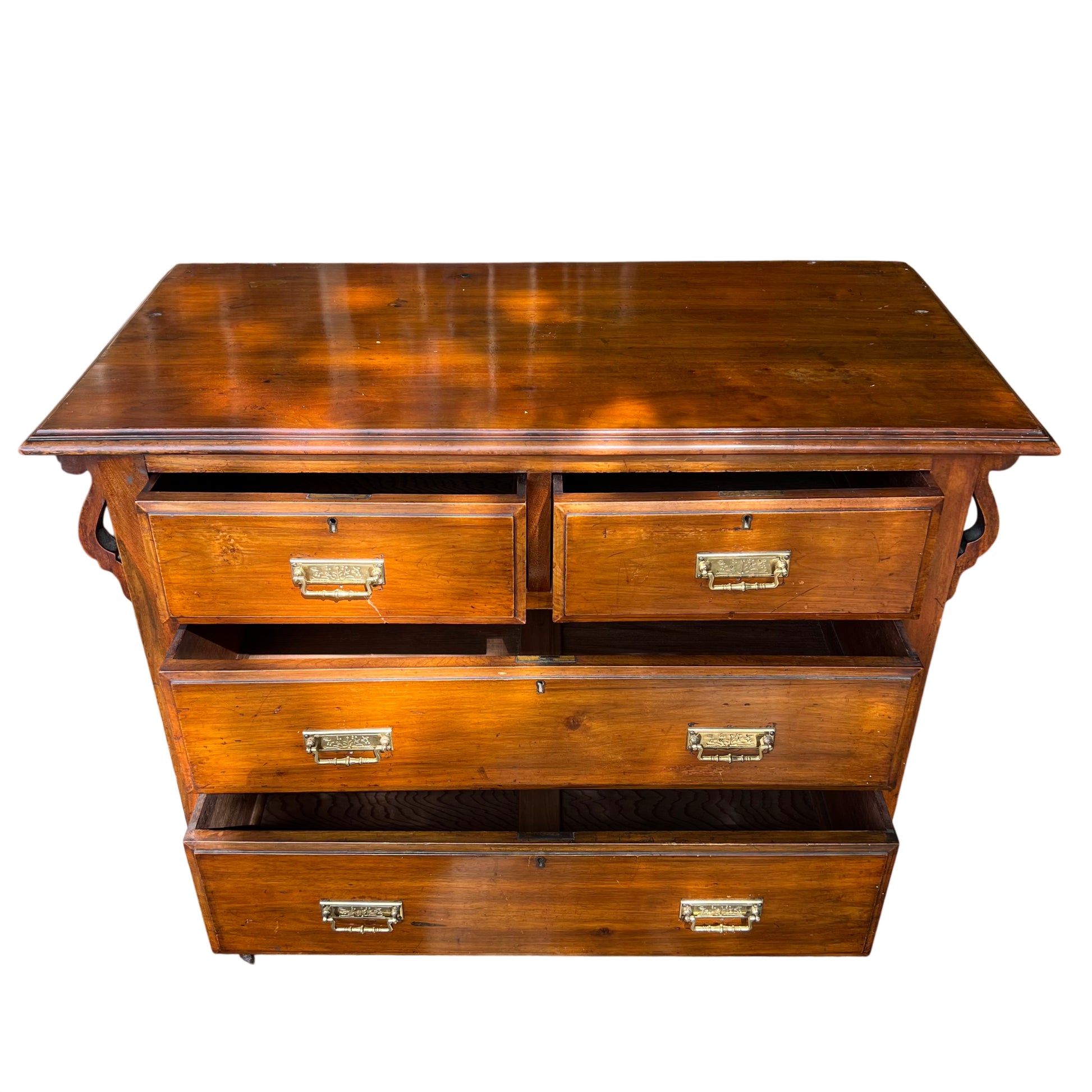 Two short over three long drawer layout Victorian oak chest with castors
