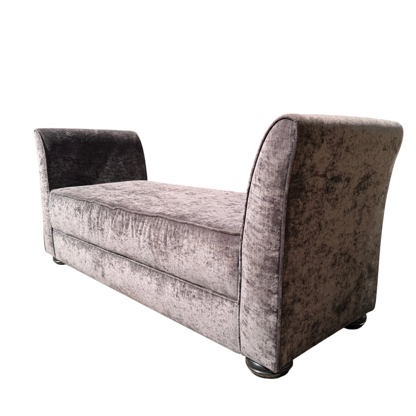 Grey velvet chaise longue daybed with buttoned seat and curved arms