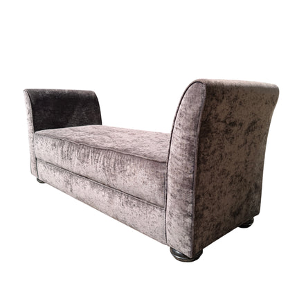 Grey velvet chaise longue daybed with buttoned seat and curved arms