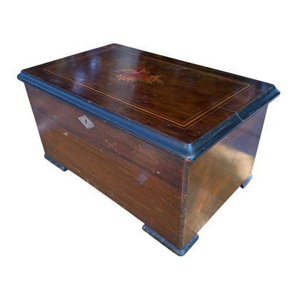 Exterior of Victorian wooden music box showing fitted lid and small brass hardware