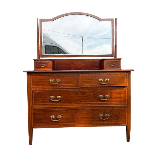Edwardian inlaid mahogany chest of drawers with removable mirror top and brass handles