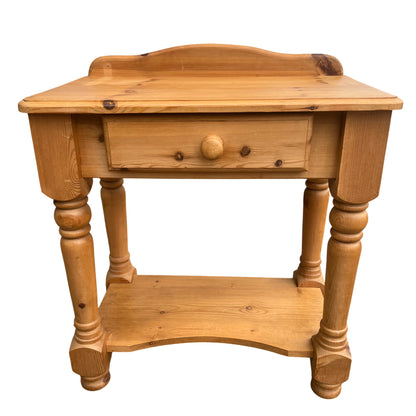 Front view vintage pine hall table with single drawer and round wooden knob