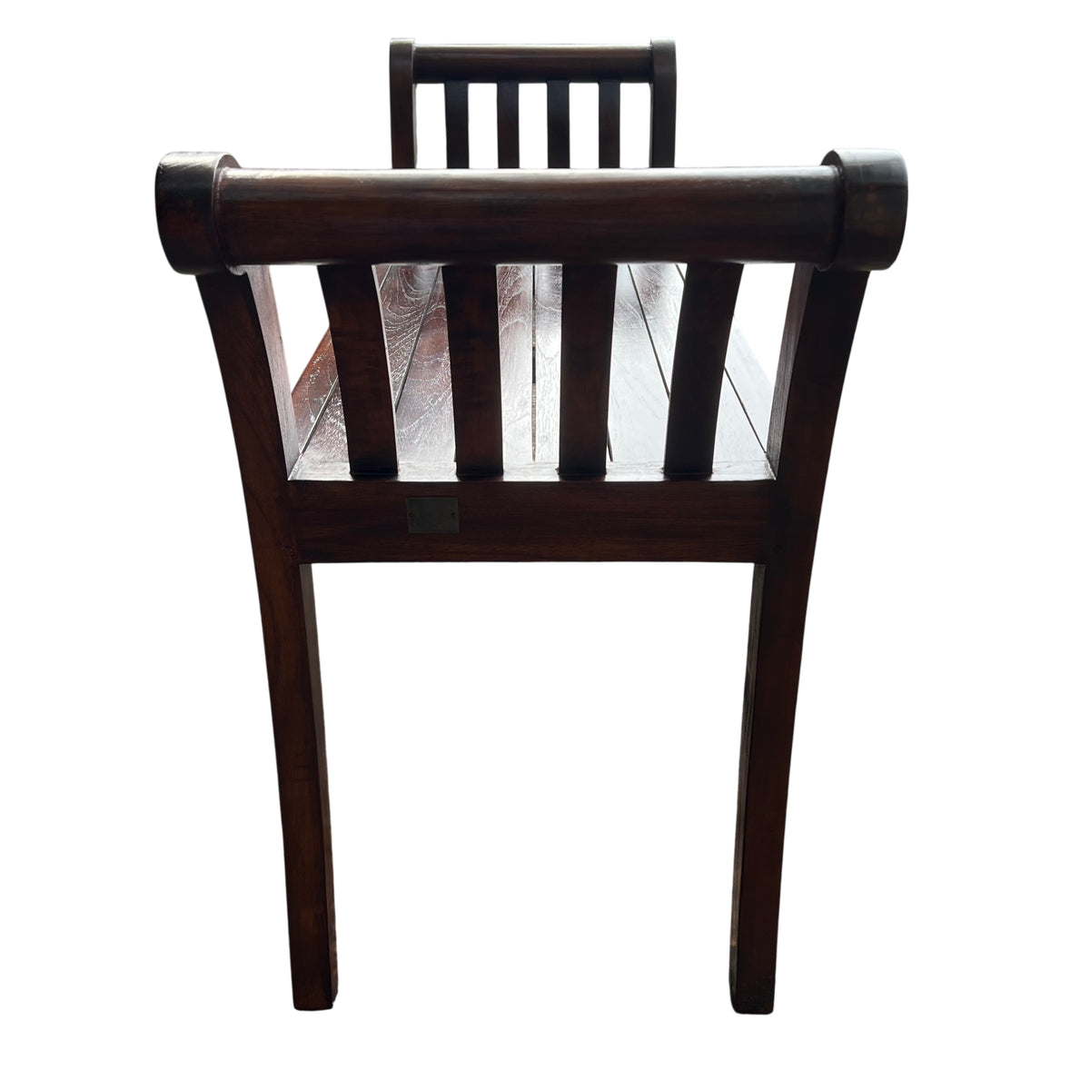 Close-up of scroll-ended arm and slatted seat on Lombok teak bench