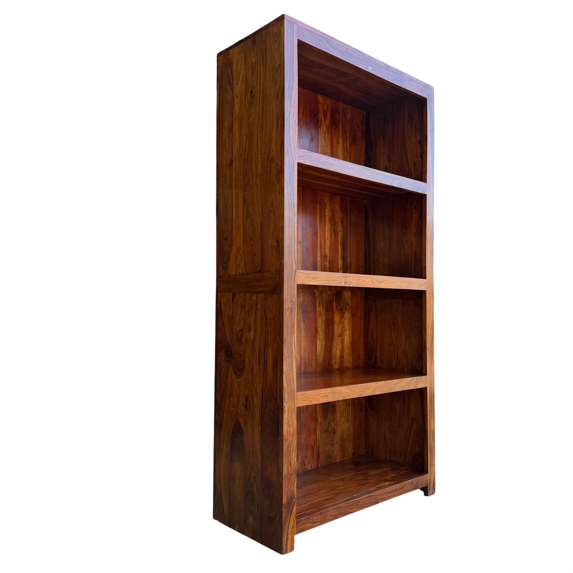Contemporary solid Asian hardwood tall bookcase with open shelves in warm brown finish
