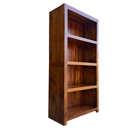 Contemporary solid Asian hardwood tall bookcase with open shelves in warm brown finish