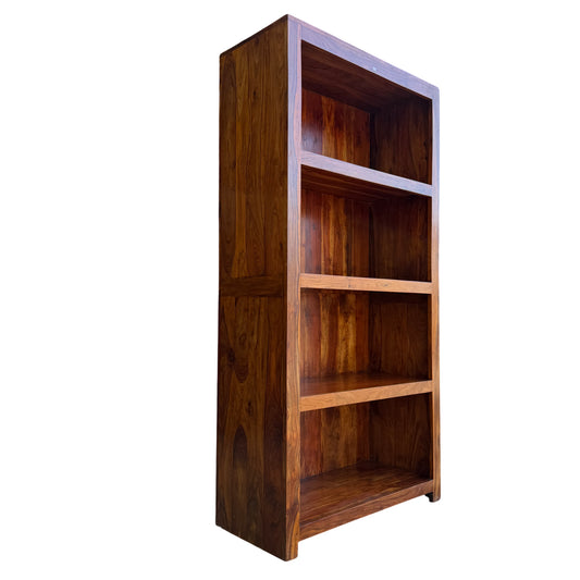 Contemporary solid Asian hardwood tall bookcase with open shelves in warm brown finish