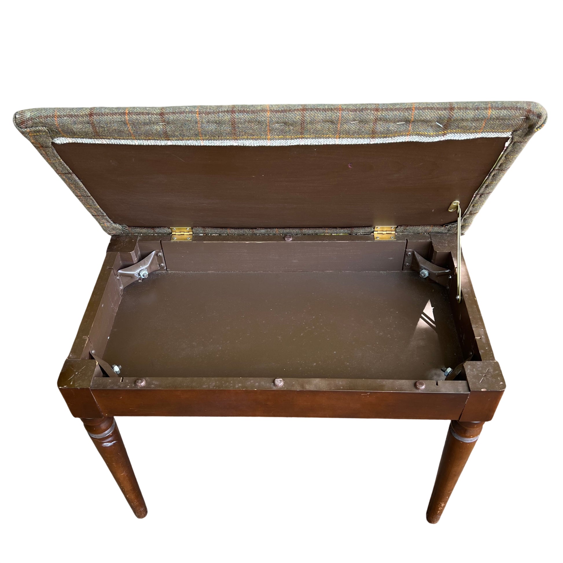Front view of green tweed piano stool style bench with turned legs