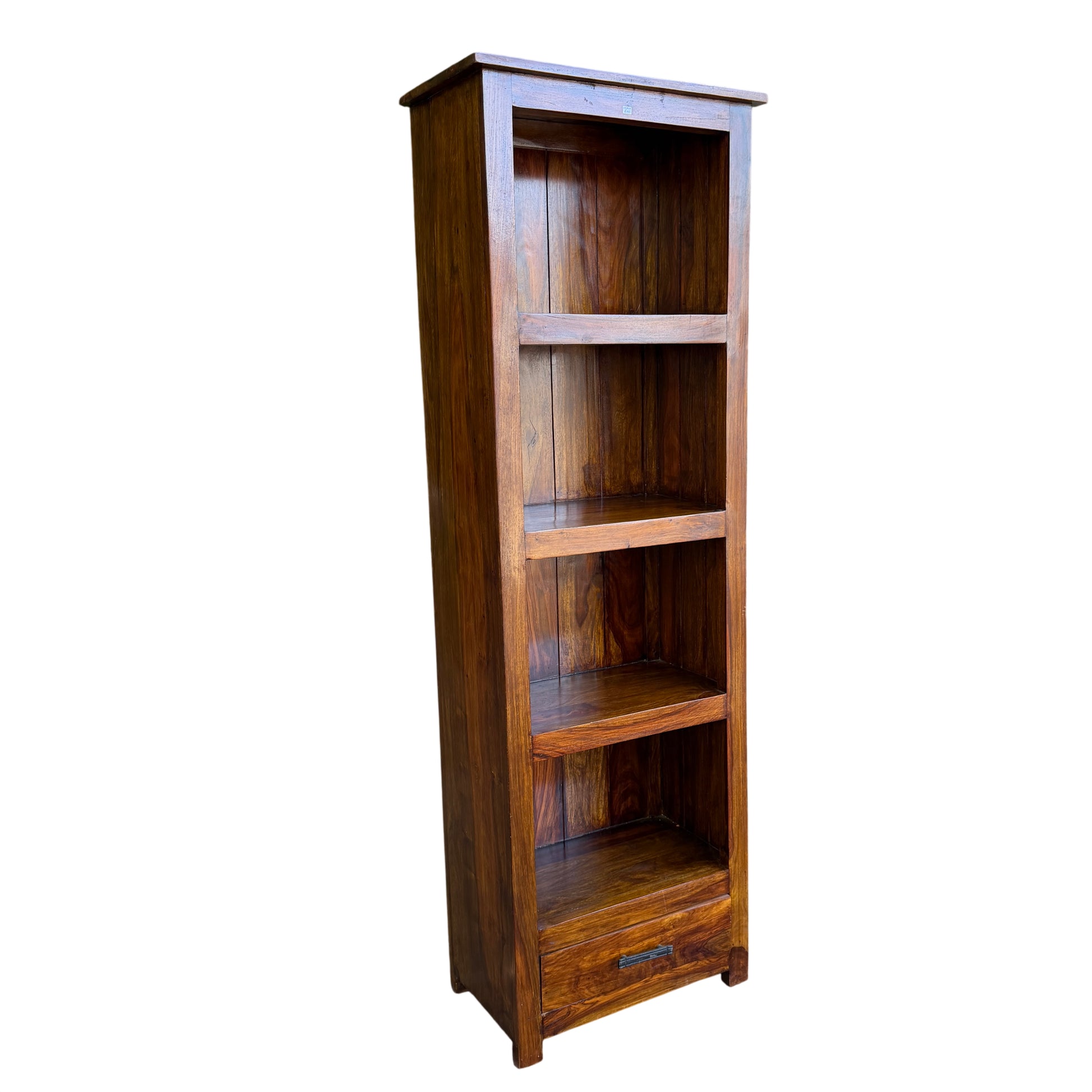 Full height view of contemporary hardwood bookcase with drawer and hand-stained finish