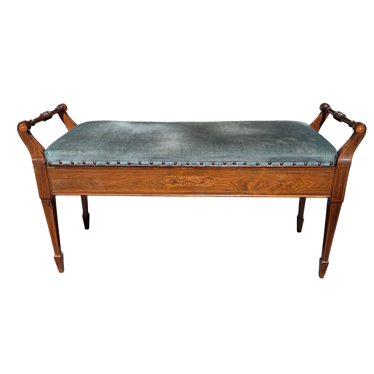 Brass maker's plaque on wooden piano stool by James Shoolbred with aged patina