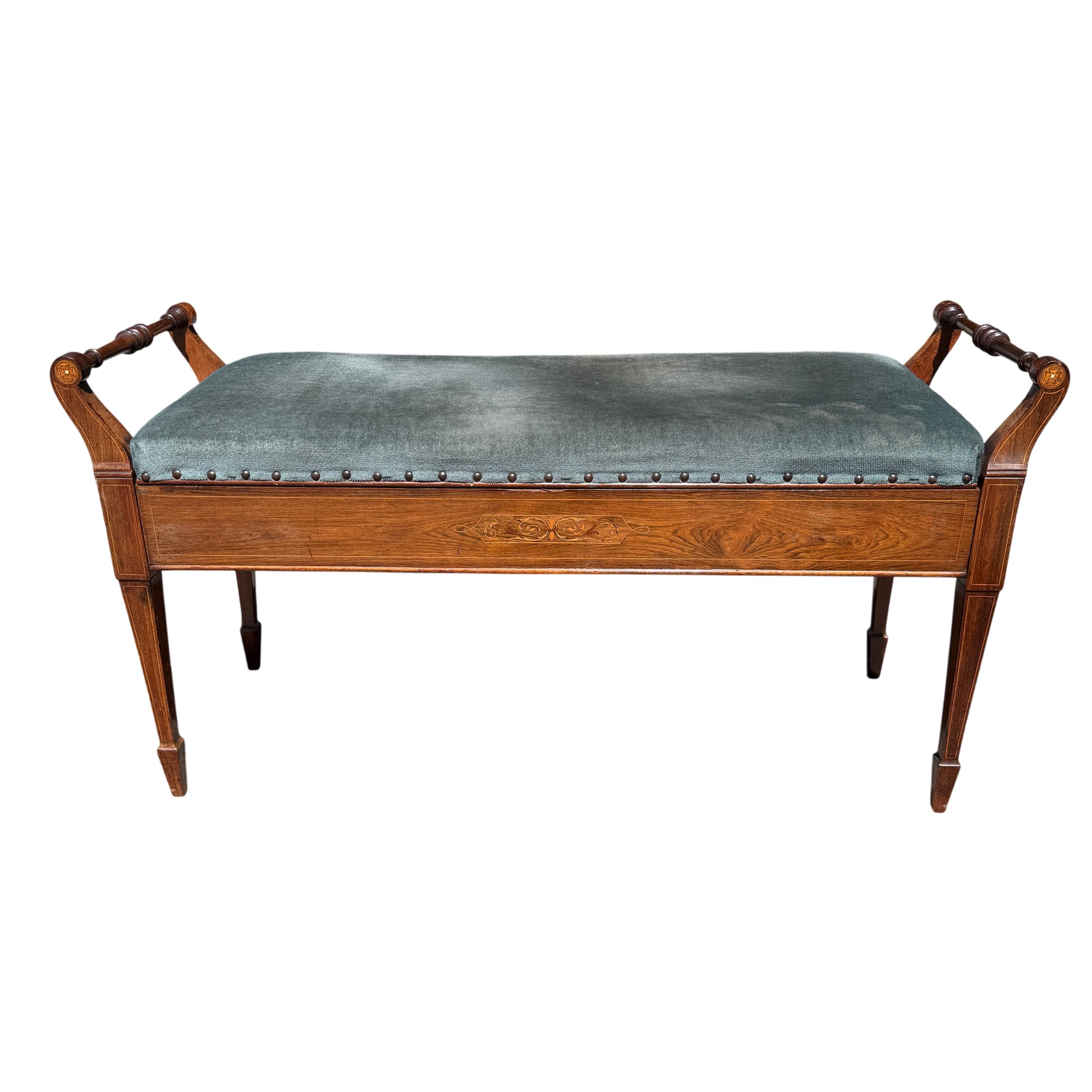 Brass maker's plaque on wooden piano stool by James Shoolbred with aged patina