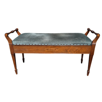 Brass maker's plaque on wooden piano stool by James Shoolbred with aged patina