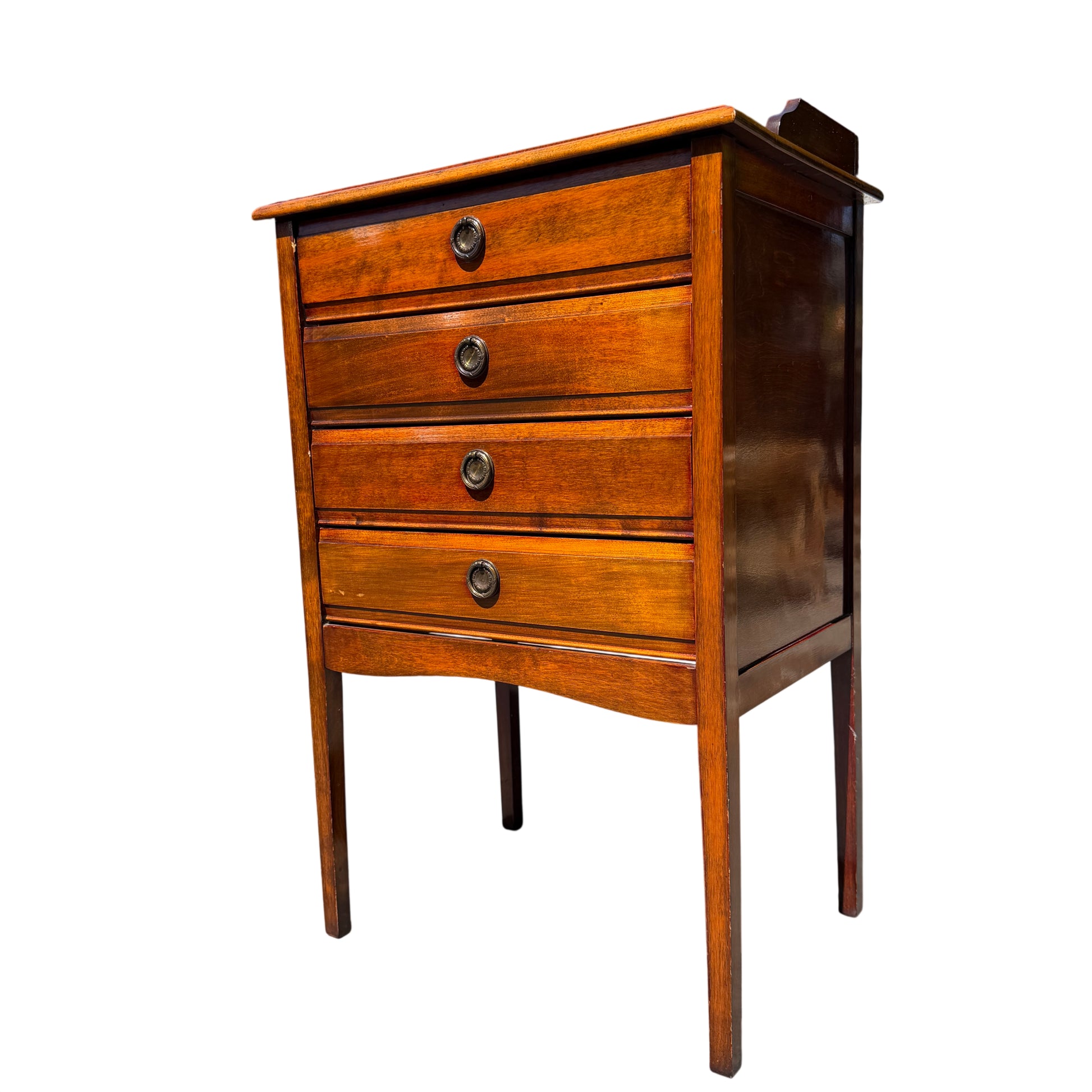 Top view of sheet music cabinet showing raised gallery and polished surface