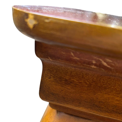 Rectangular vintage coffee table in warm brown veneer with turned bulbous legs and storage shelf