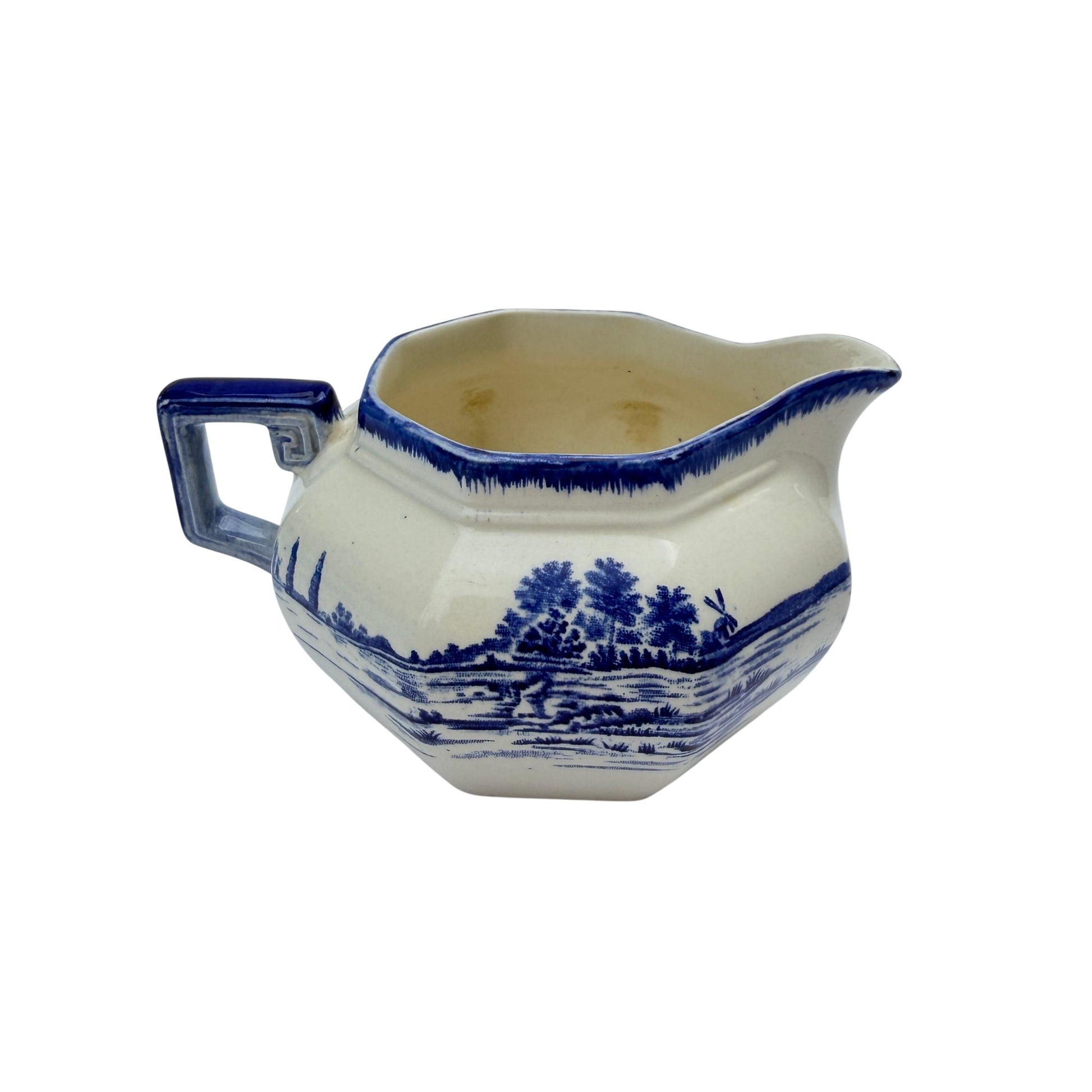 Royal Doulton Norfolk blue and white transferware octagonal milk jug with geometric handle