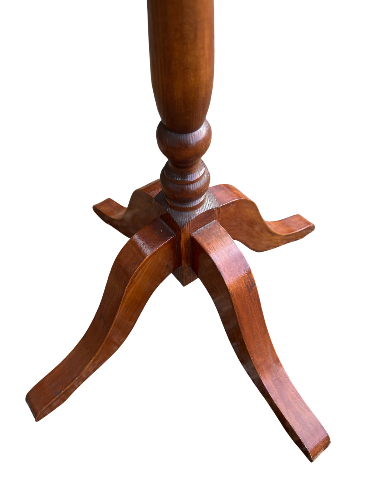 Angle view of vintage pedestal table showing turned column and tripod base