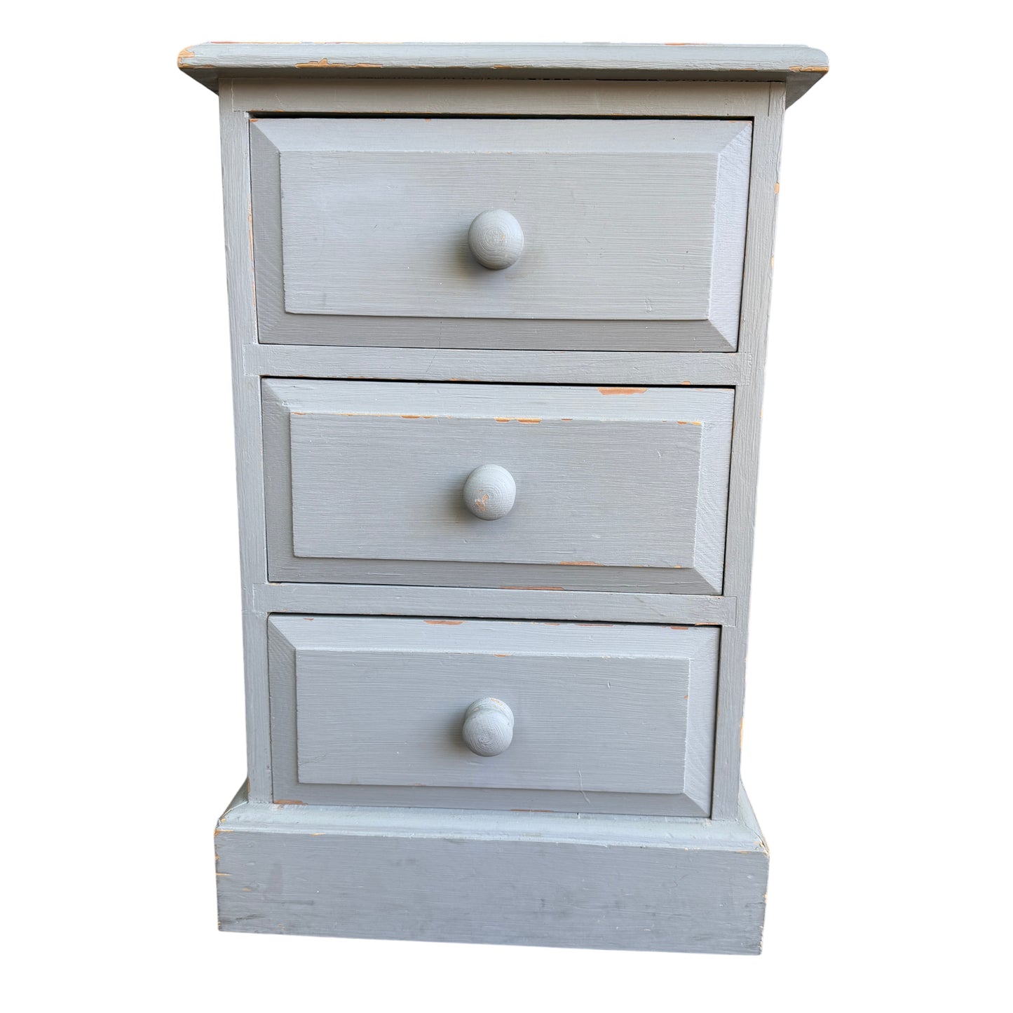 Front view vintage painted pine chest of drawers in grey showing four narrow drawers