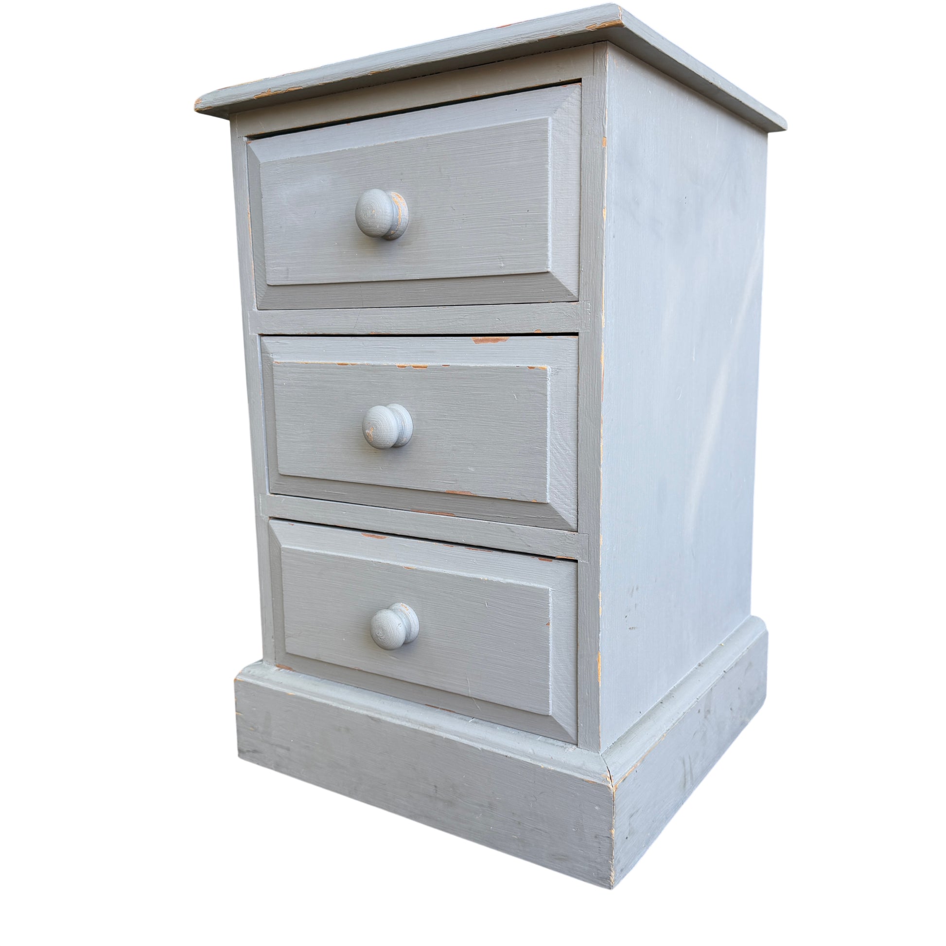 Vintage painted pine slim chest of drawers in grey showing top half with turned wooden knob