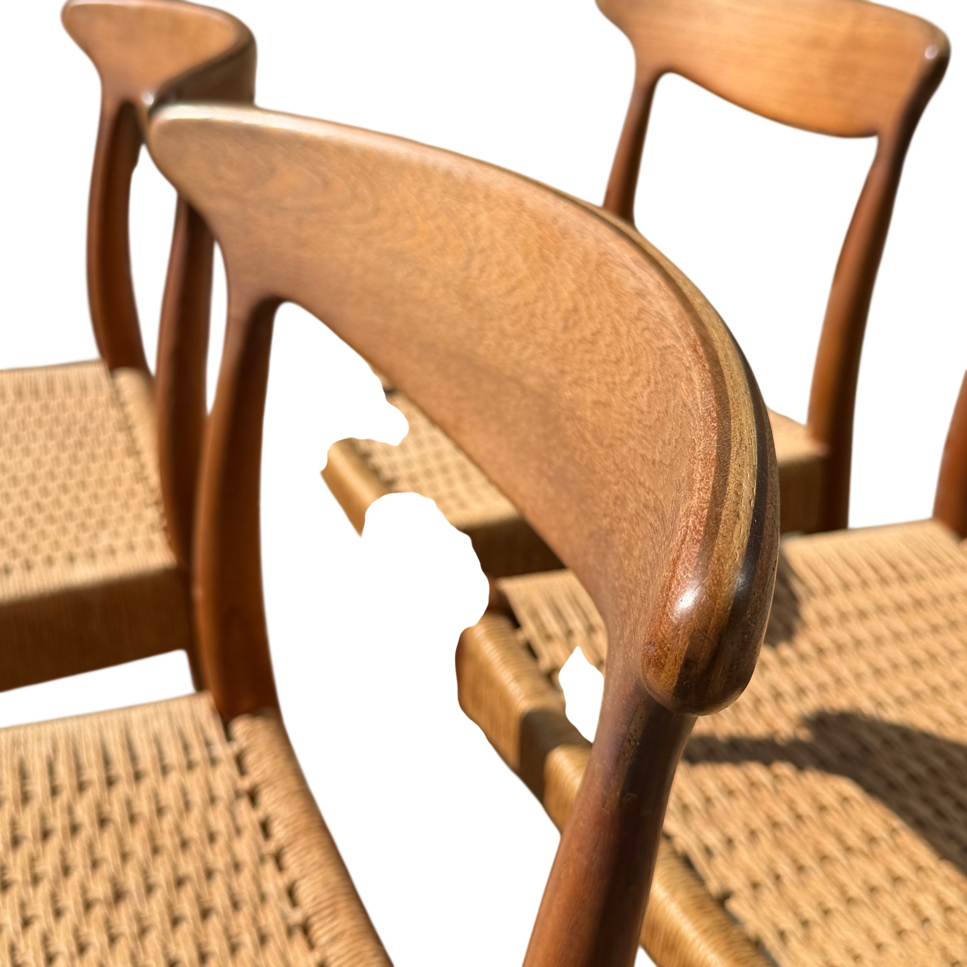 Rear view of Danish dining chair back showing sculpted wooden seat top