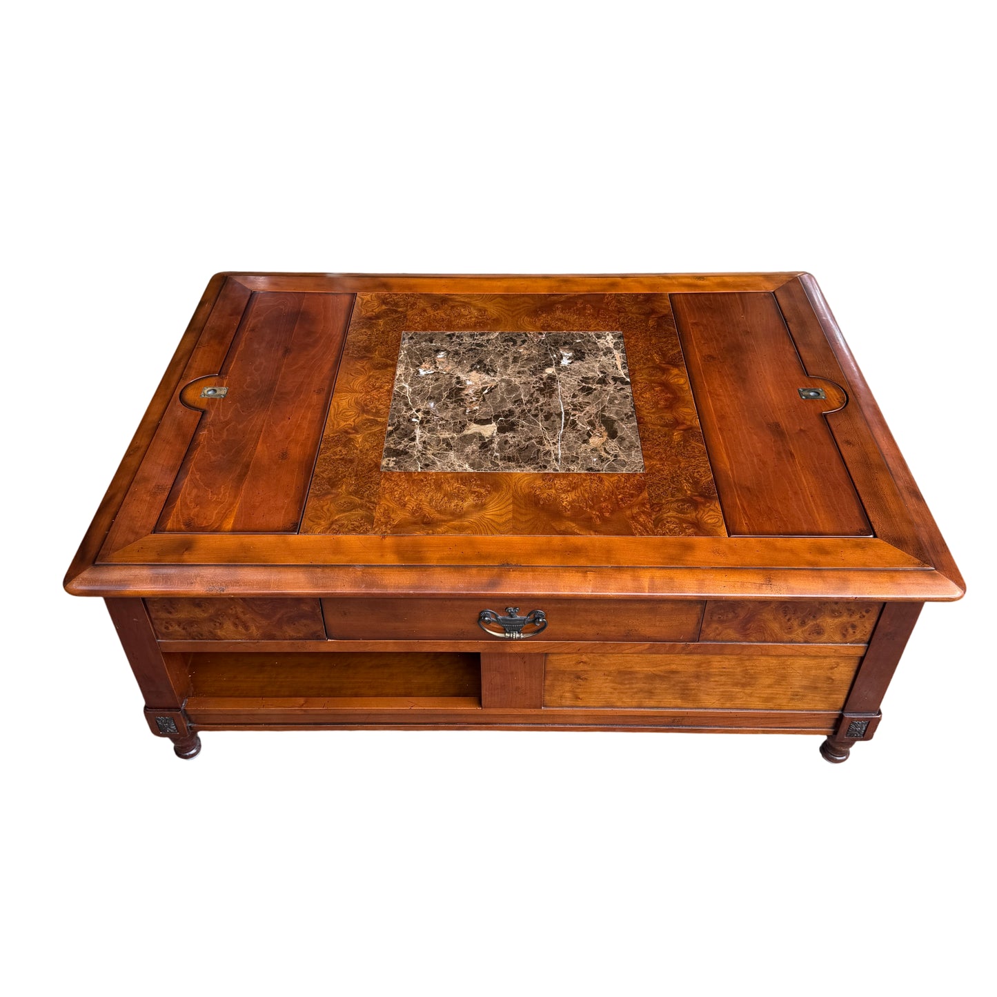 Low coffee table with two lift-up storage panels and military-style handles