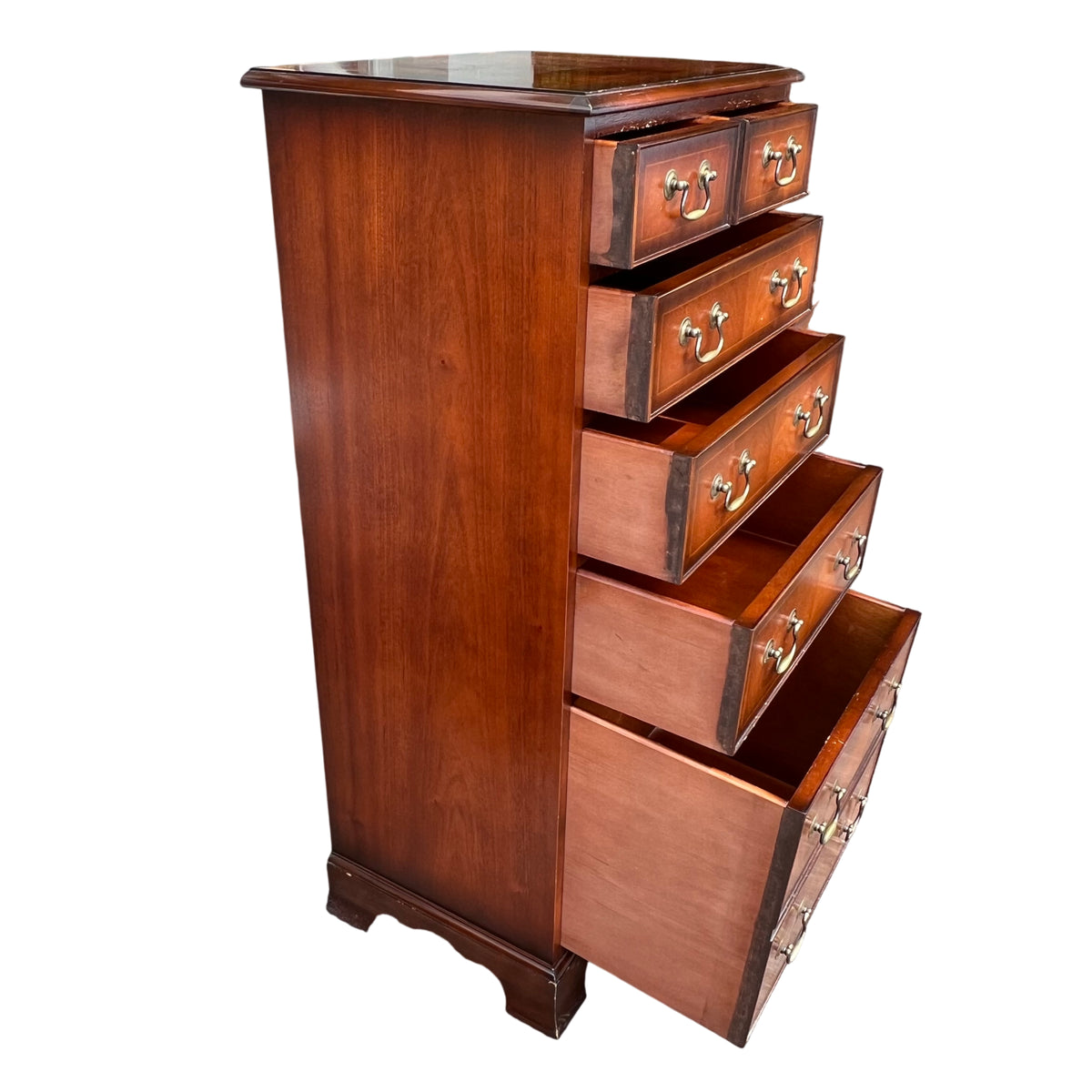 Lower drawers and bracket feet of mahogany tallboy chest of drawers