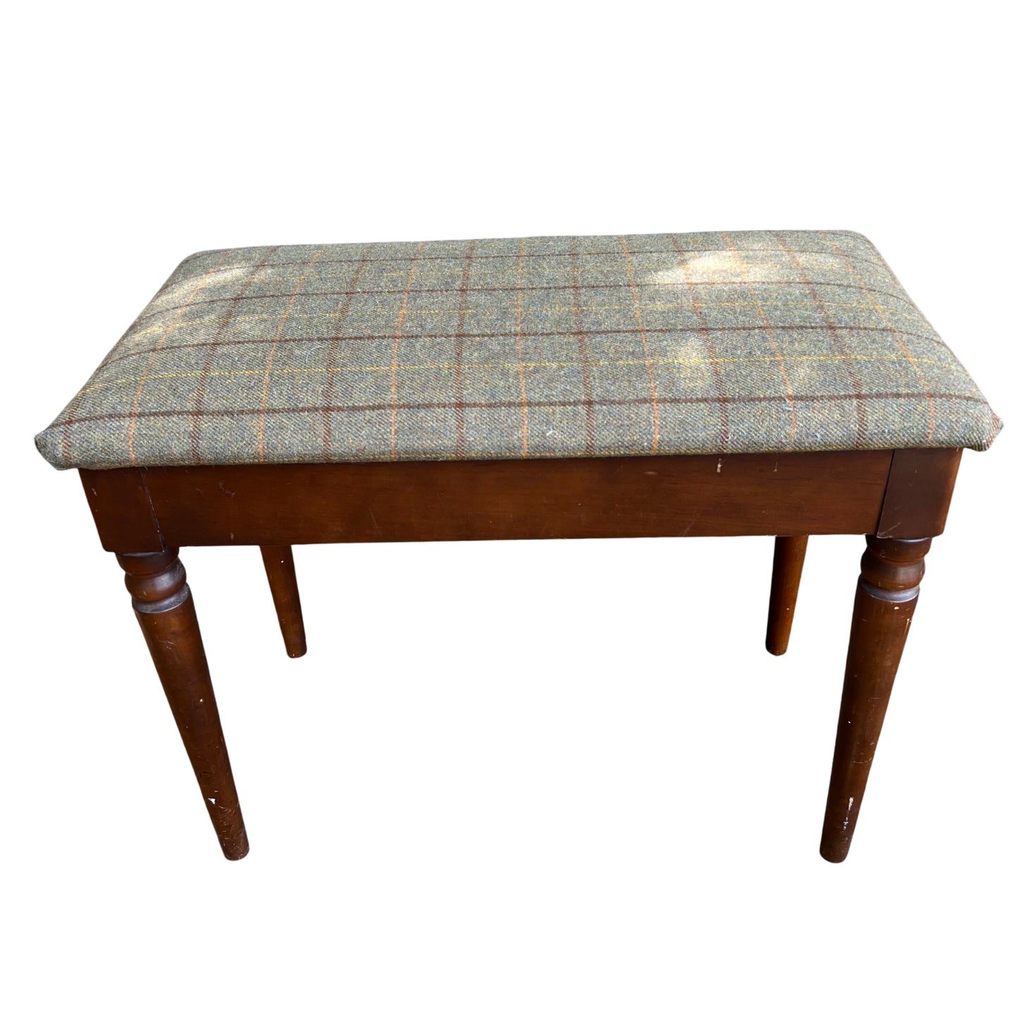 Vintage tweed-upholstered bench with green checked fabric and turned wooden legs
