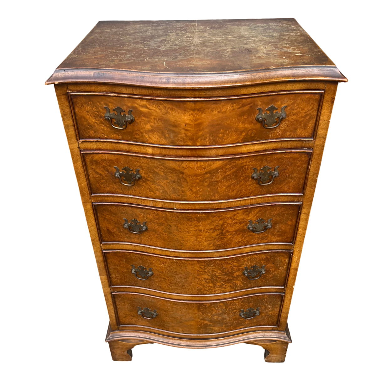 Narrow tallboy chest of drawers in burr walnut veneer with shaped base