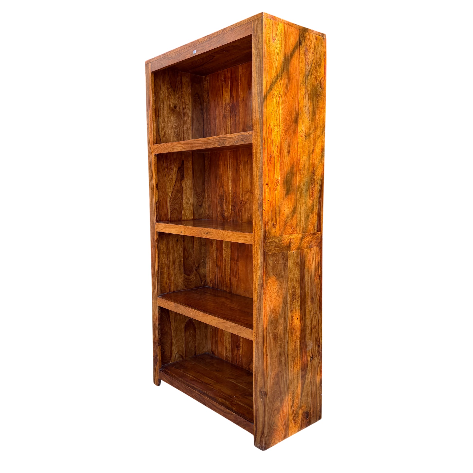 Solid wood tall shelving unit with recessed shelf edges