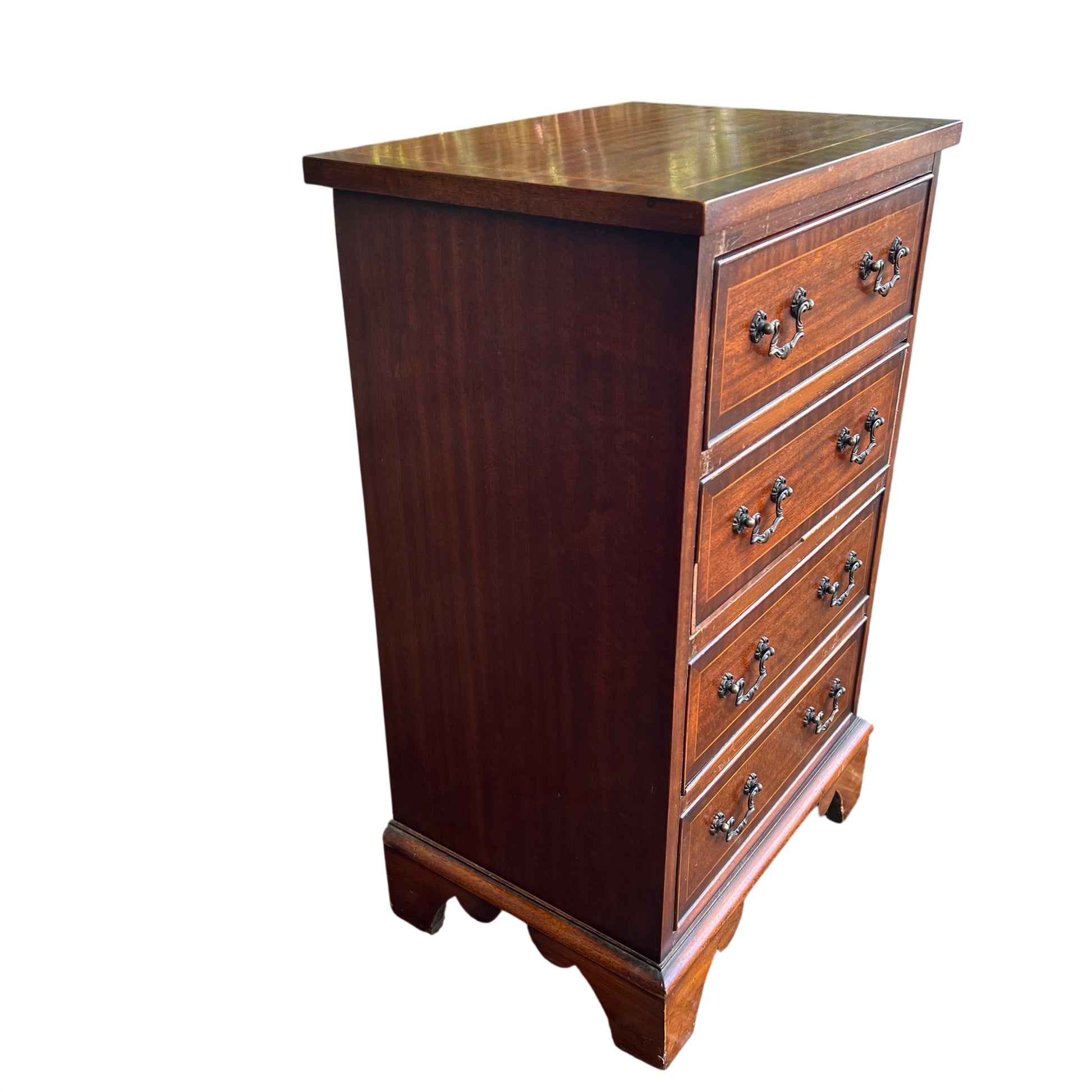 Top surface view of mahogany veneer with box inlaid border and slight patina