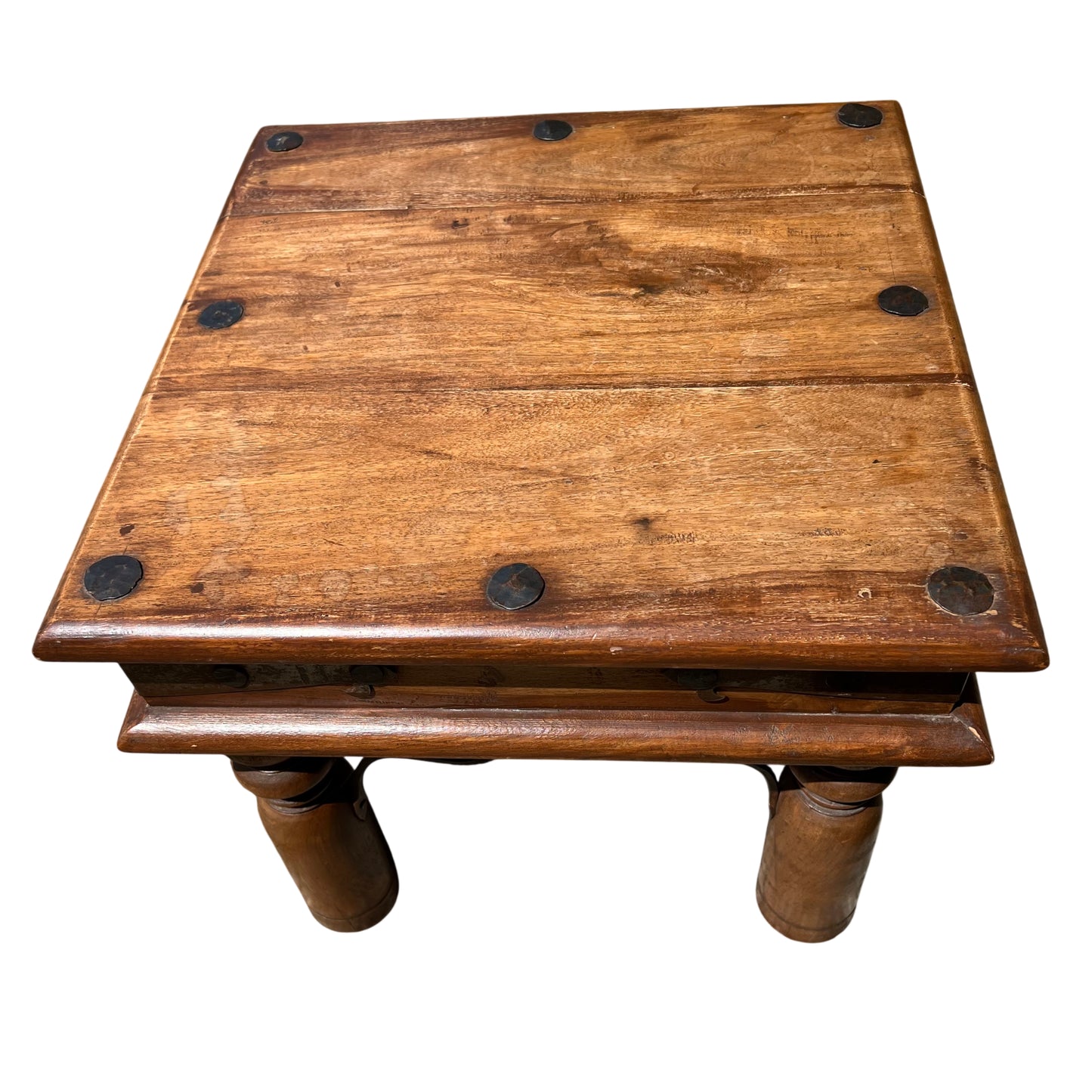 Small oak coffee table with visible round iron fixing discs on the top