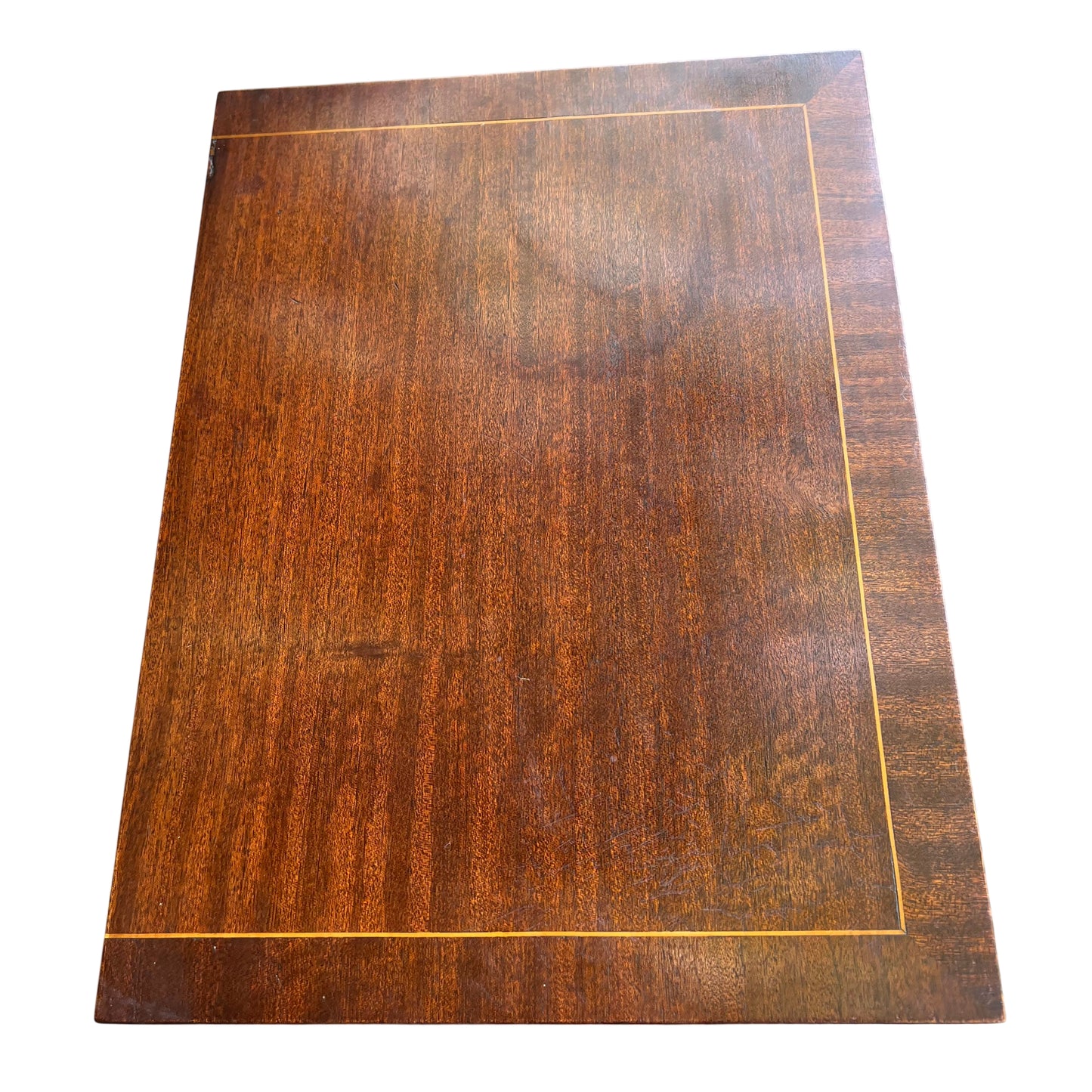 Angled right side view of tall narrow chest showing plain mahogany veneered side panel