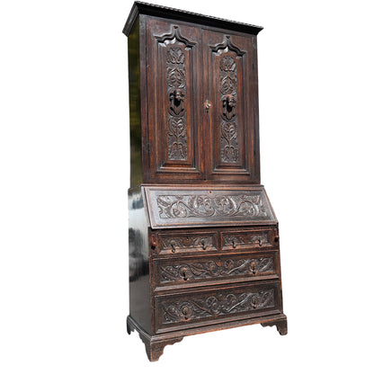 Victorian Scottish oak bureau bookcase with carved panels and fall-front secretaire
