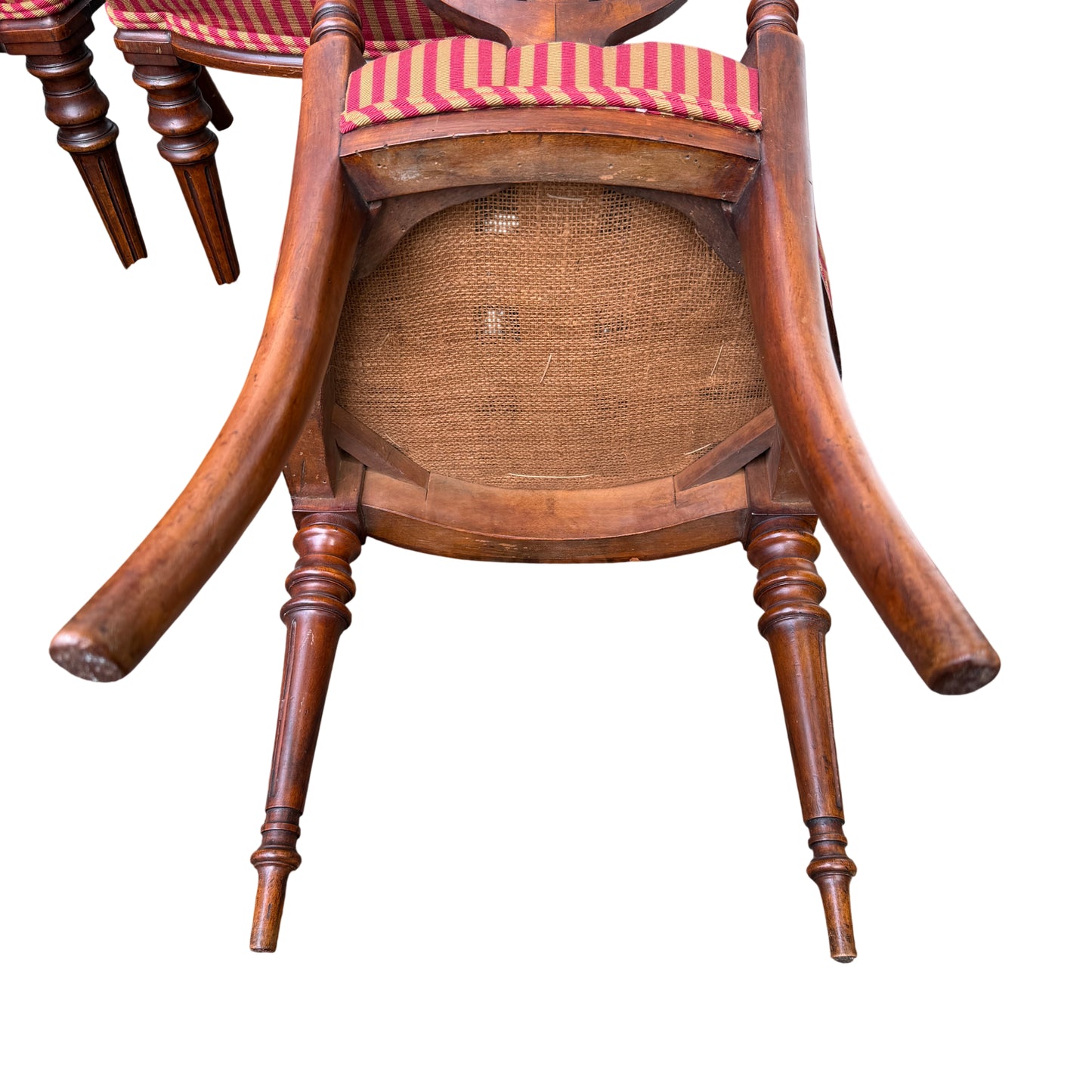 Group of six antique dining chairs positioned in front of a painted shop window