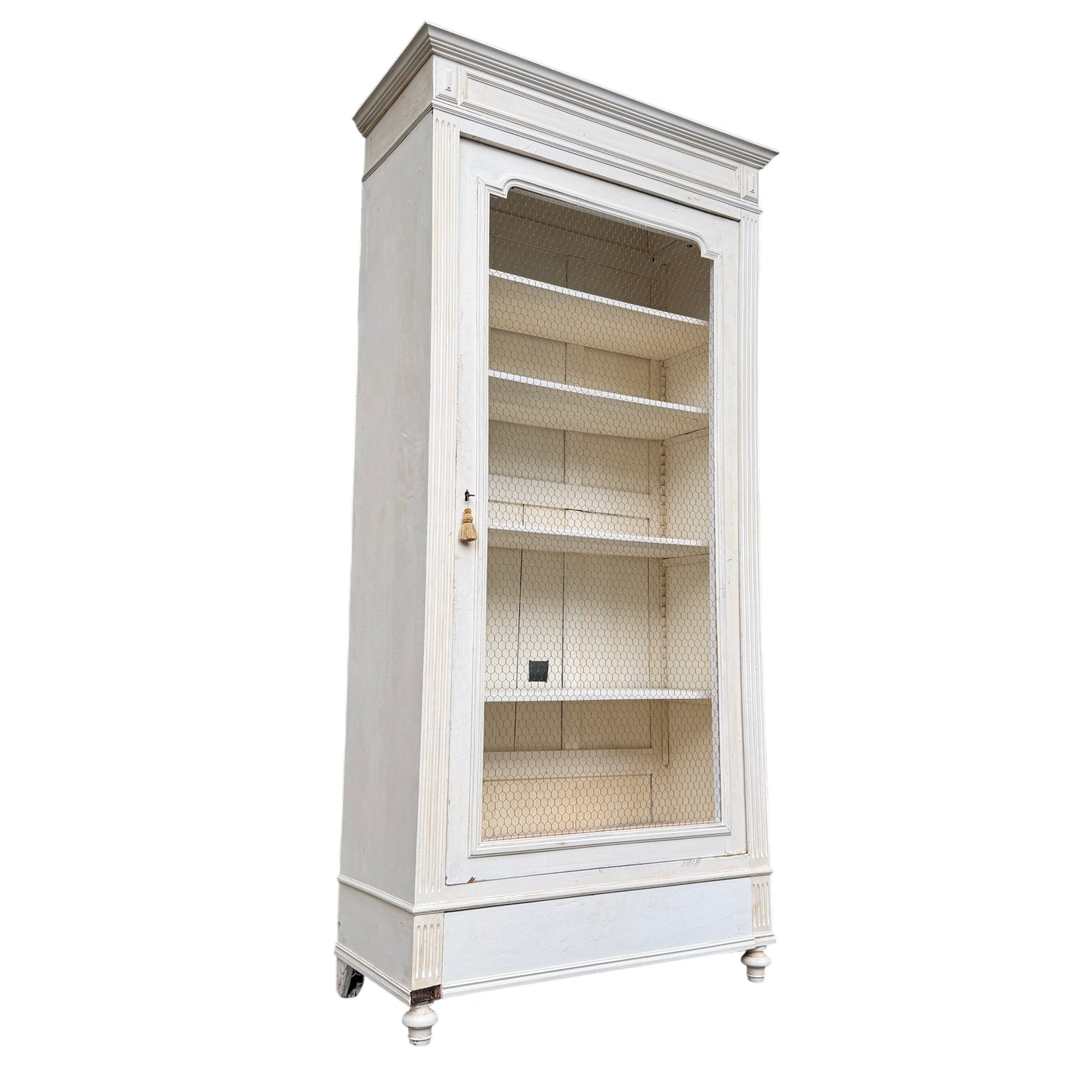 Vintage French painted display cabinet armoire with chicken-wire glazed door and moulded cornice