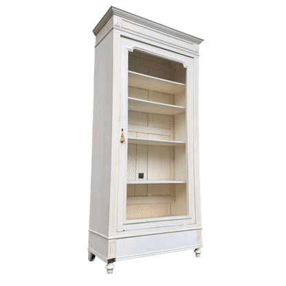Vintage French painted display cabinet armoire with chicken-wire glazed door and moulded cornice