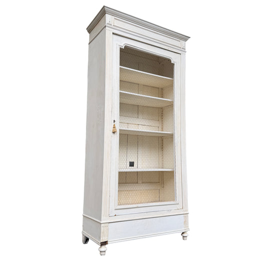 Vintage French painted display cabinet armoire with chicken-wire glazed door and moulded cornice