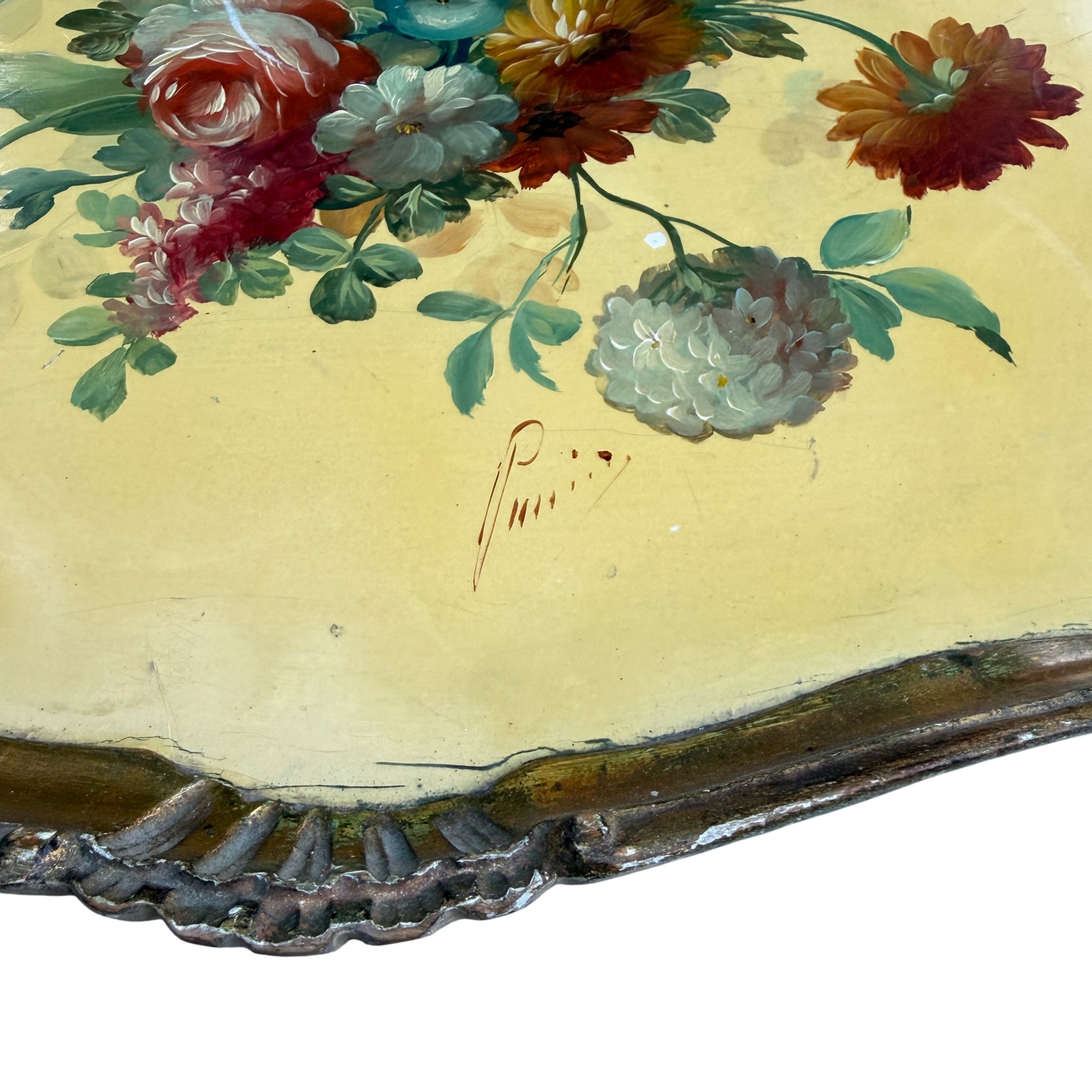 Detail showing craquelure and brushwork on the painted surface of tray