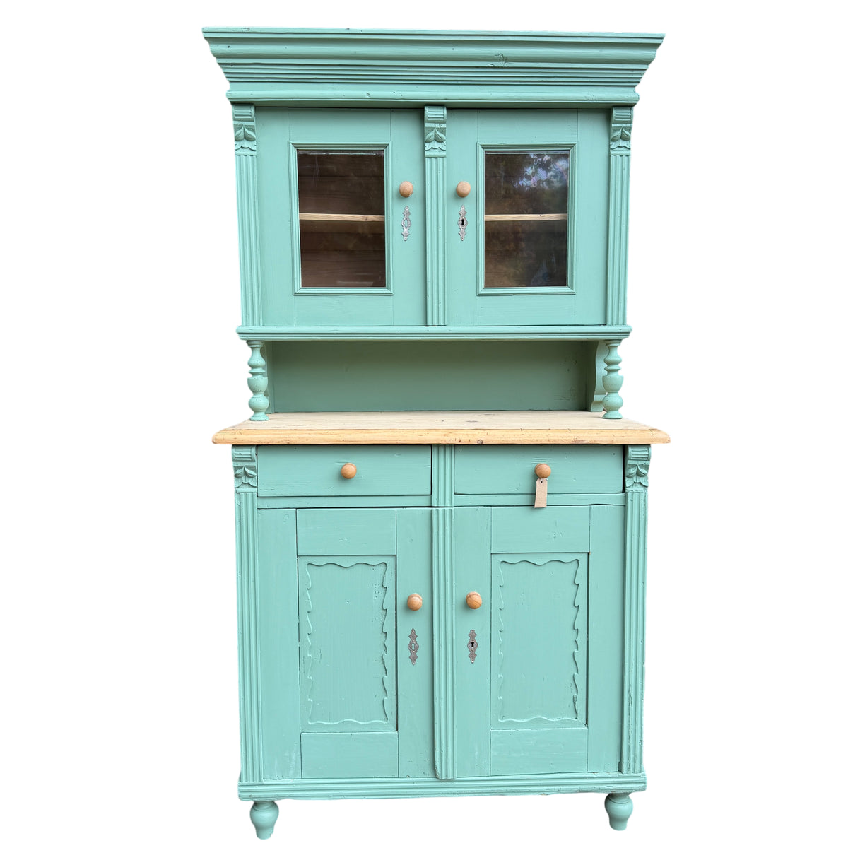 Painted pine dresser with open middle shelf and natural wood top surface