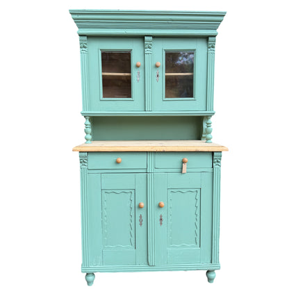 Painted pine dresser with open middle shelf and natural wood top surface