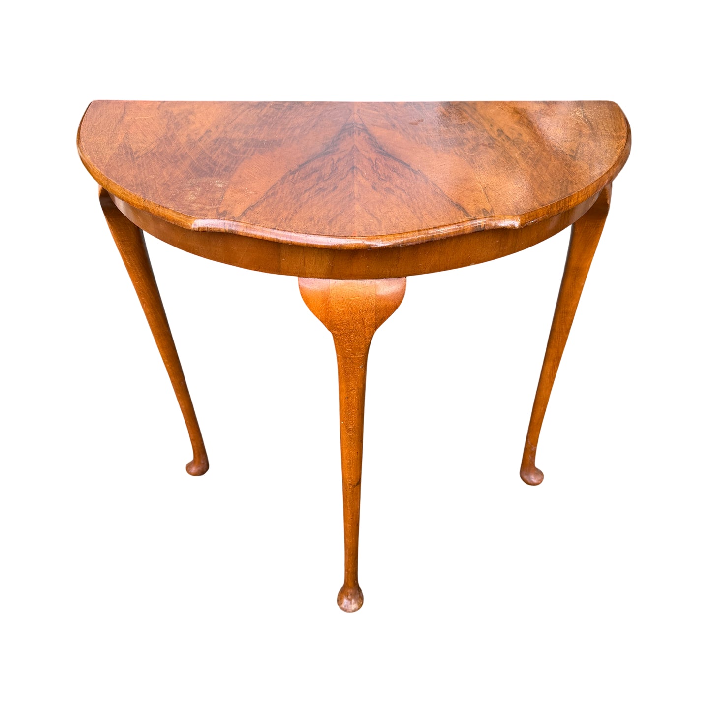 Vintage walnut demilune hall table with walnut veneer top and cabriole legs