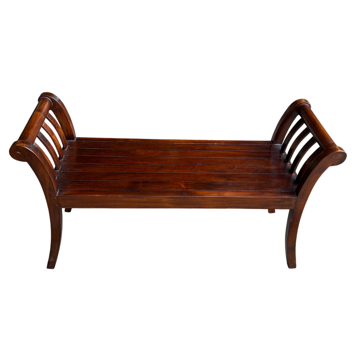 Lombok teak hall bench with slatted seat and scroll-ended arms, dark polished finish