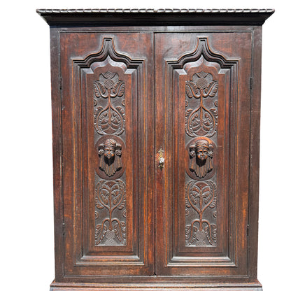 Carved oak upper doors on Victorian Scottish bureau bookcase