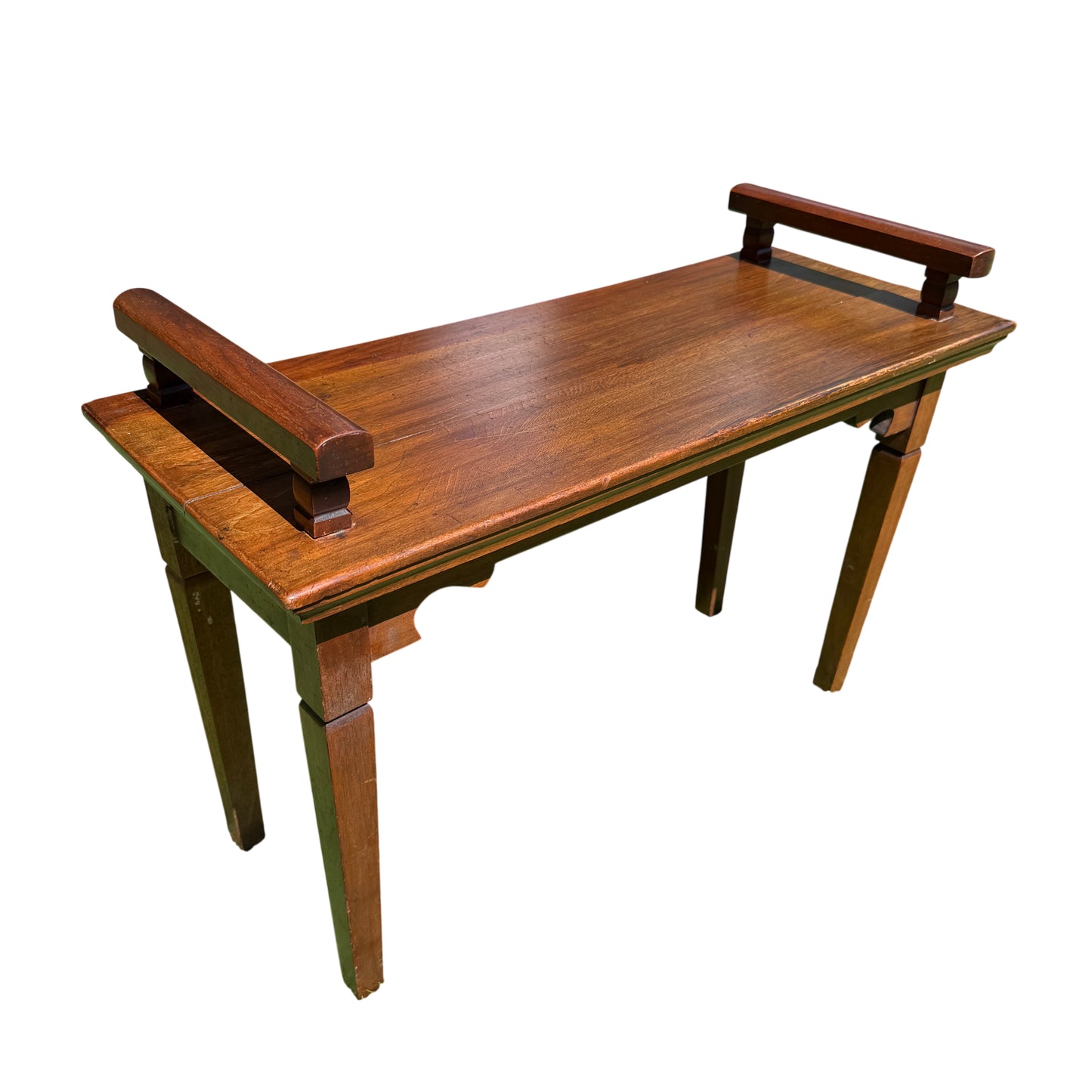 Vintage mahogany two-handled serving table with raised gallery handles and moulded rectangular top