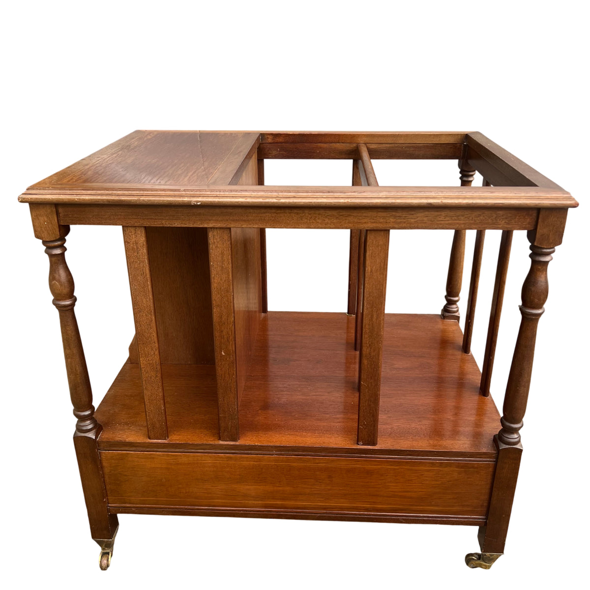 Vintage Canterbury magazine rack with turned uprights and internal dividers