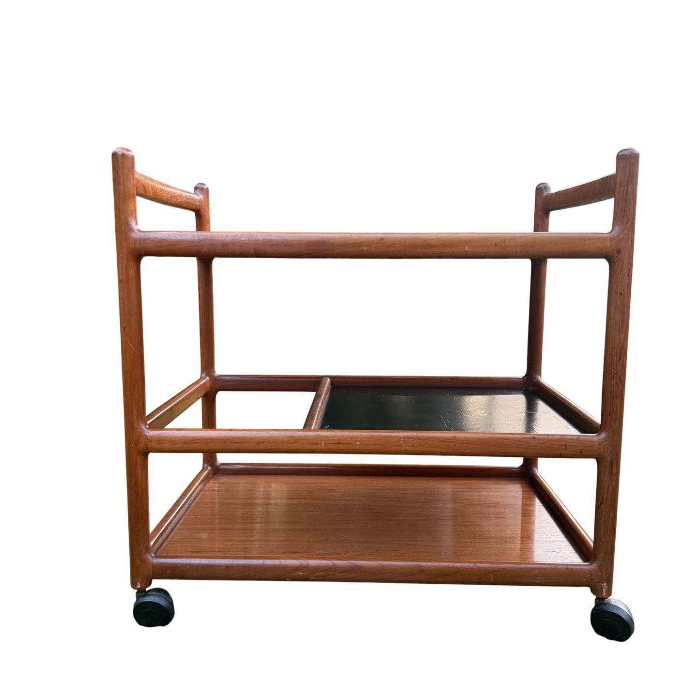 Three-tier teak trolley with rounded frame and black laminate middle shelf
