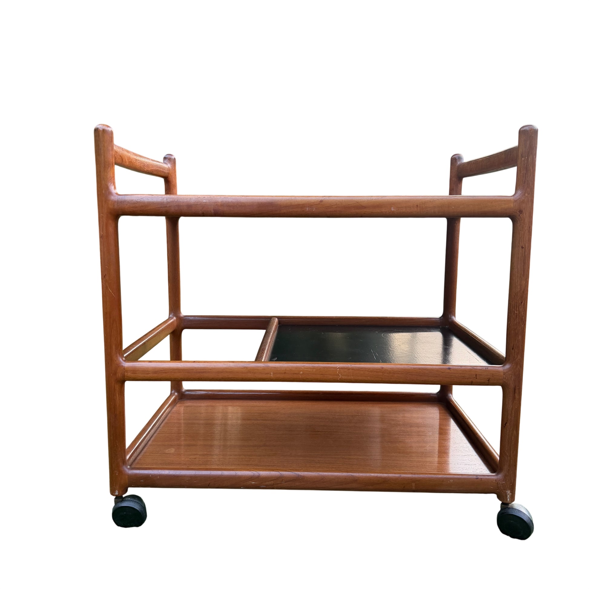 Three-tier teak trolley with rounded frame and black laminate middle shelf
