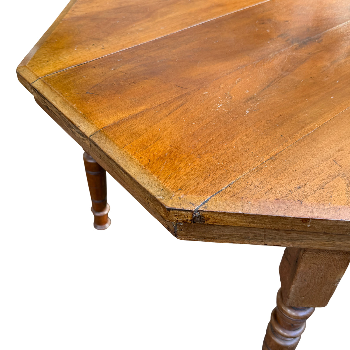 Three-quarter view of small Victorian oak coffee table with turned legs