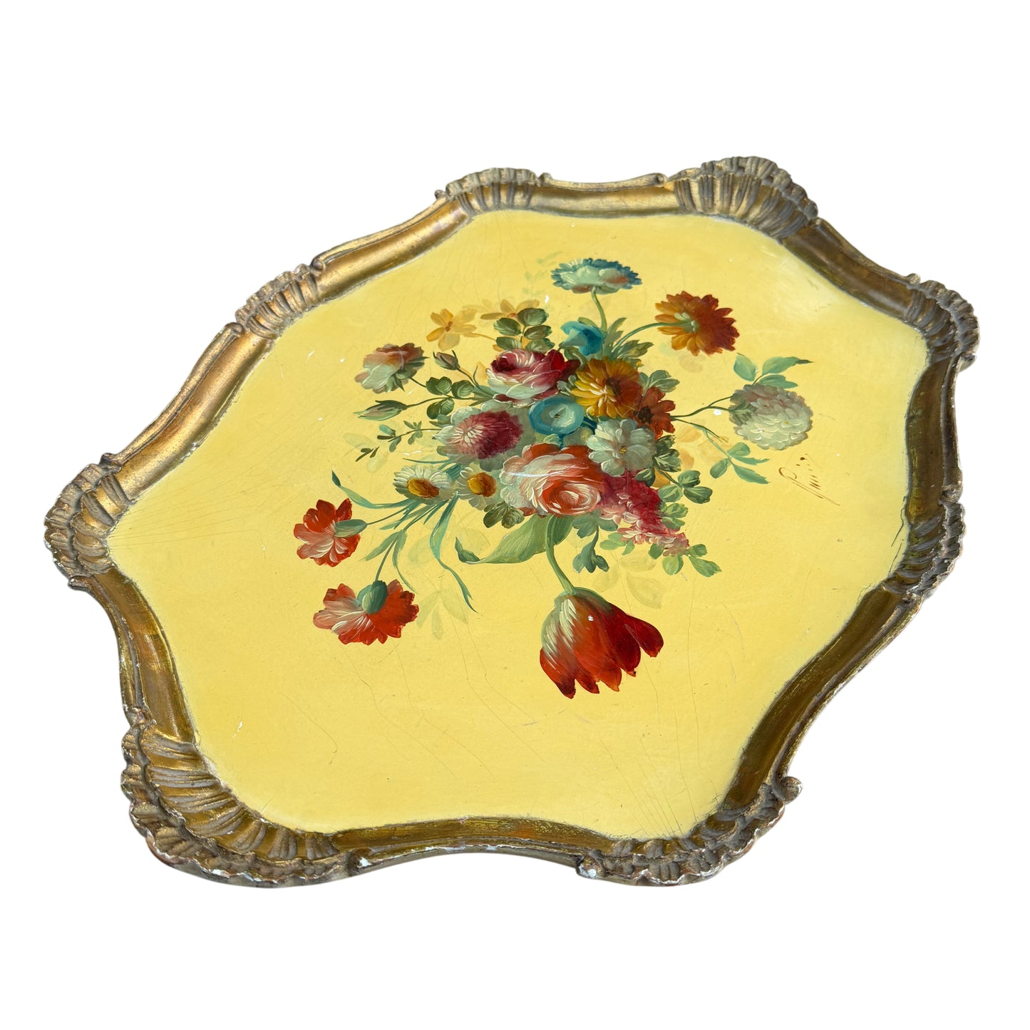 Vintage Italian hand-painted floral tray with gilt moulded frame on yellow ground