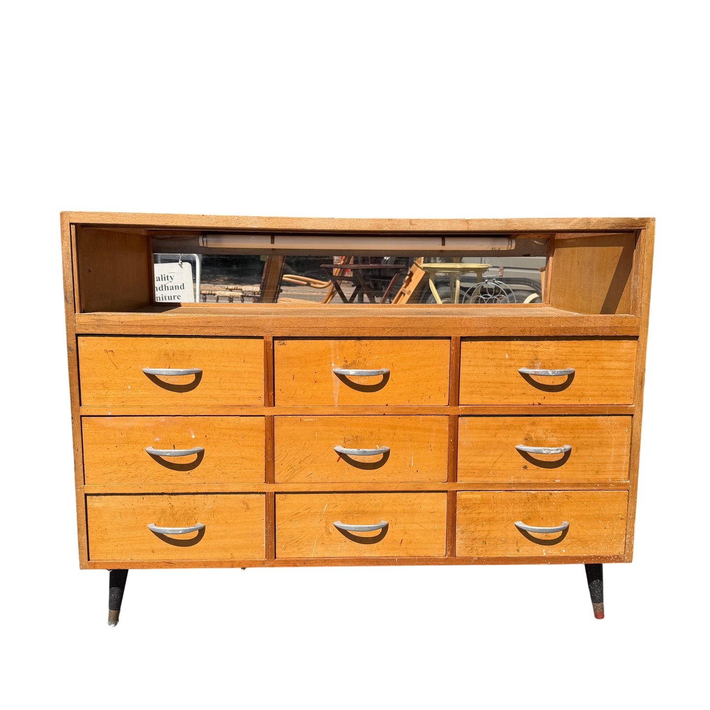 Haberdashery shop counter with glass display top and tapered black legs